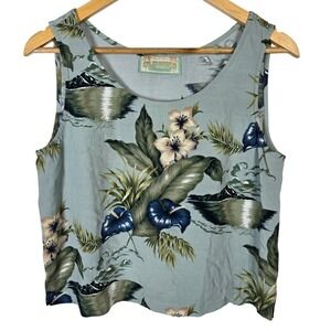 OLD MAUI Hawaiian Floral Crop Tank Top Women Tropical Island Print Medium